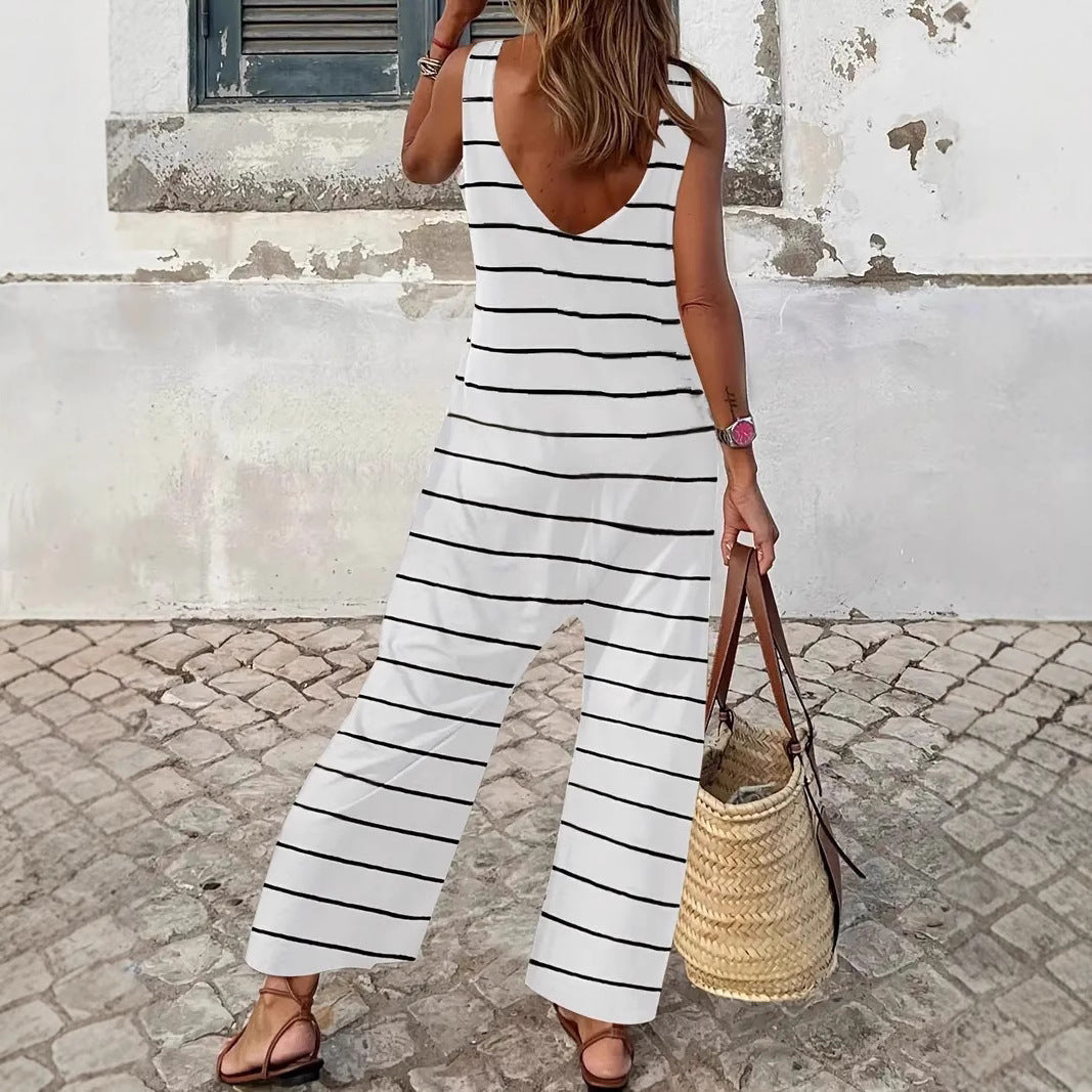 Damen lässiger Jumpsuit mit breiten Bein und klassischem Streifenmuster