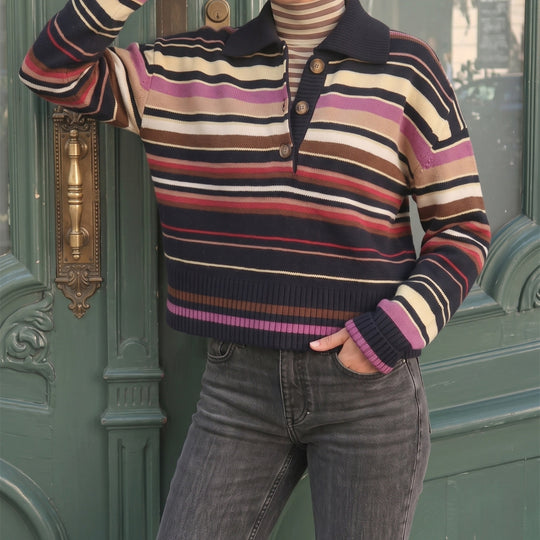 Damen Gestreifter Strickpullover mit Polokragen & Knopfleiste Shop Nory