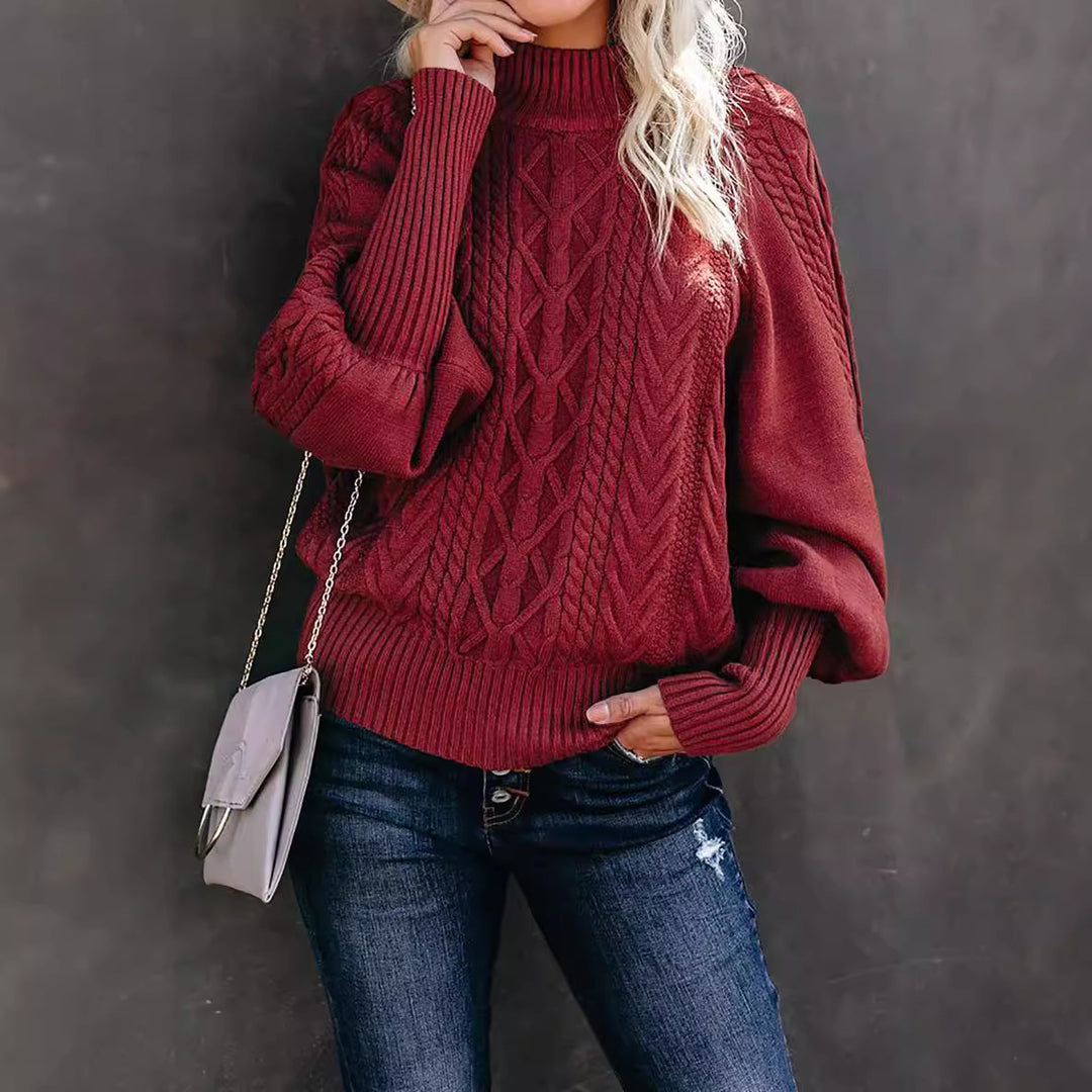 Damen Grobstrick-Pullover mit Zopfmuster, Stehkragen und Ballonärmeln Shop Nory