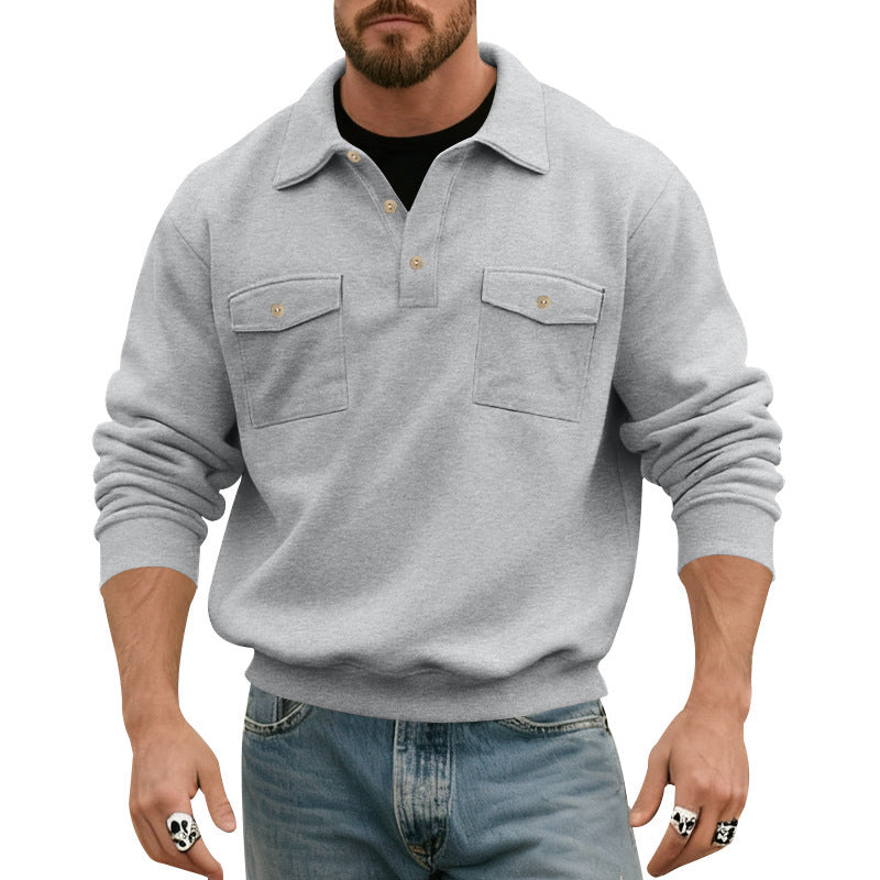 Herren nan legerer Button-Polo-Sweatshirt mit aufgesetzten Brustklappen und gerippten Bündchen Shop Nory