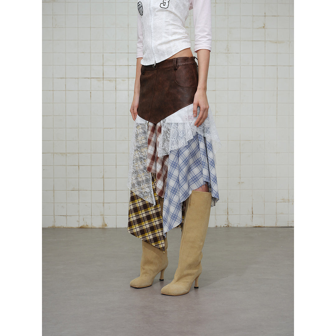 Damen Asymmetrischer Lagenrock mit Kunstlederbund und Karomix Shop Nory