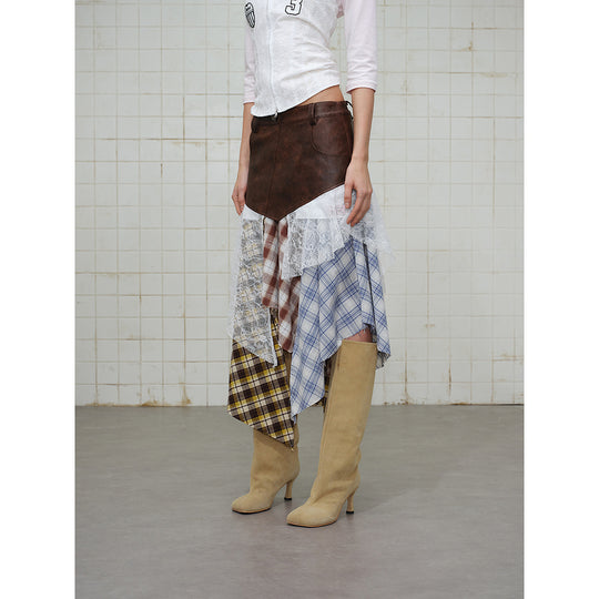 Damen Asymmetrischer Lagenrock mit Kunstlederbund und Karomix Shop Nory