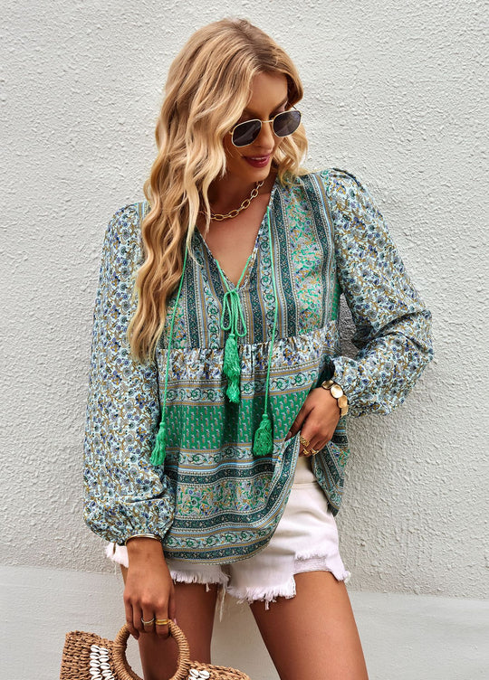 Damen nan lockere Boho-Tunika-Bluse mit V-Ausschnitt, Quasten-Tie und gerafften Ballonärmeln Shop Nory