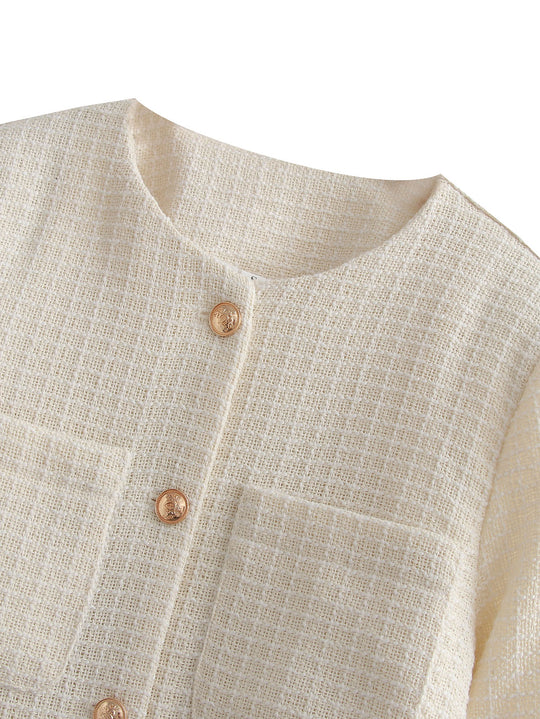 Damen Bouclé-Tweed Blazerjacke mit Rundhals und aufgesetzten Taschen Shop Nory