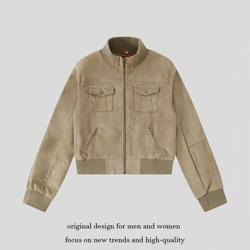 Damen Kurzgeschnittene Bomberjacke aus Veloursimitat mit Brustpatten und Reißverschlusstaschen Shop Nory