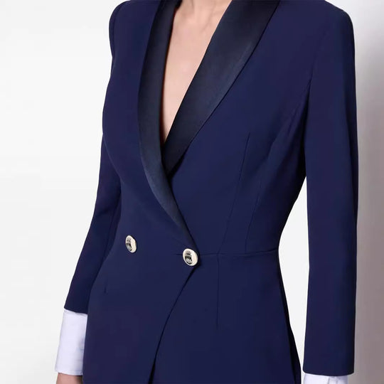 Damen Schlankes Smoking-Blazerkleid in Maxilänge mit Satinrevers und Wickeloptik Shop Nory