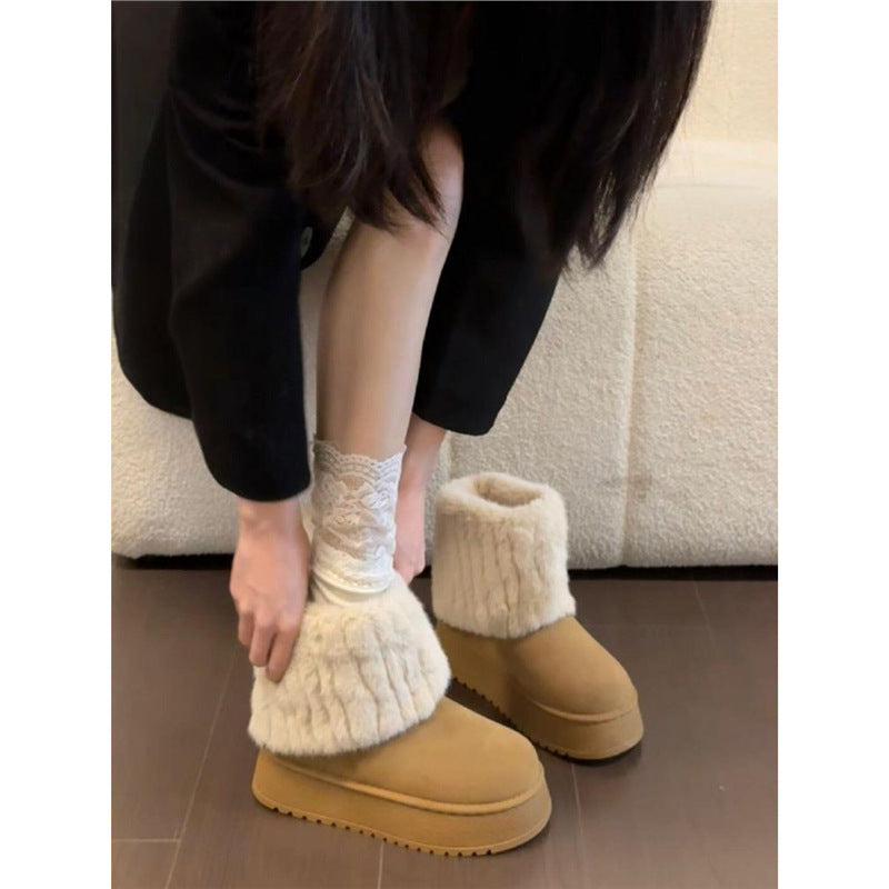 Damen Warme Kurzboots mit Kunstfellmanschette und Plateau-Sohle Shop Nory