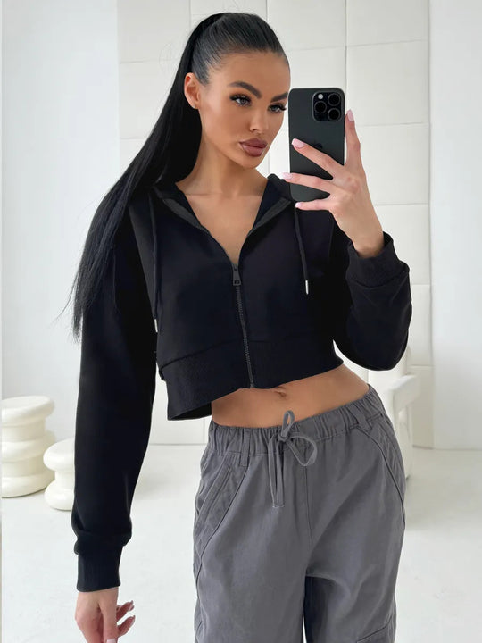 Damen Cropped Kapuzenjacke mit kurzem Reißverschluss und breitem Rippbund Shop Nory