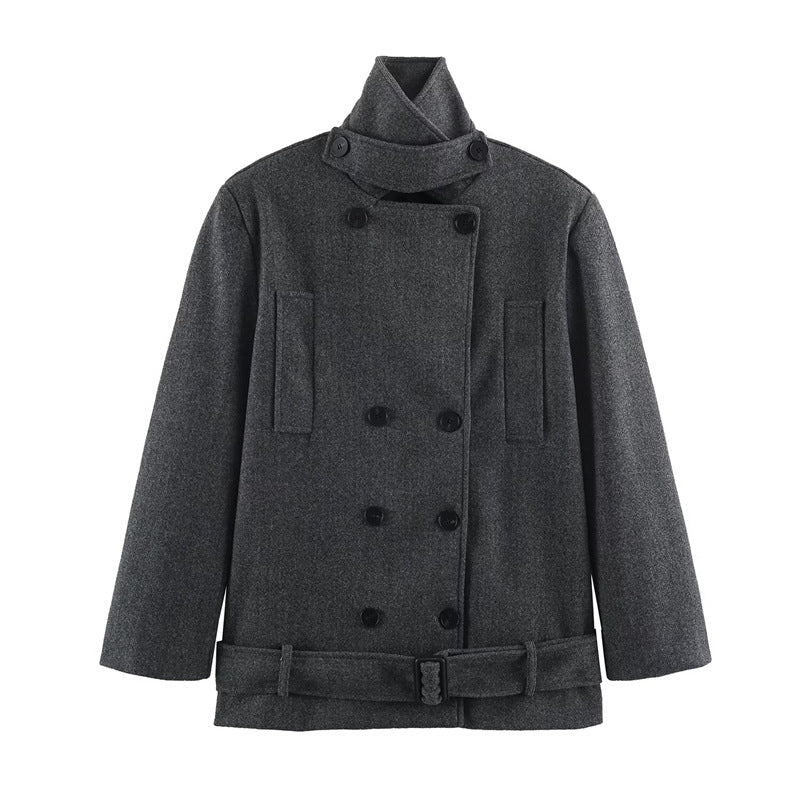 Herren Kurzer doppeltreihiger Wollmantel mit Stehkragen und Taillengürtel Shop Nory