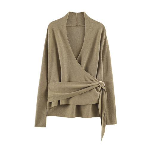Damen Wickel-Strickpullover mit Gürtelring und tiefem V-Ausschnitt Shop Nory