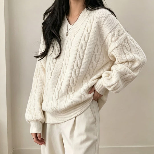 Damen Oversize Zopfmuster V-Ausschnitt Strickpullover mit überschnittener Schulter Shop Nory