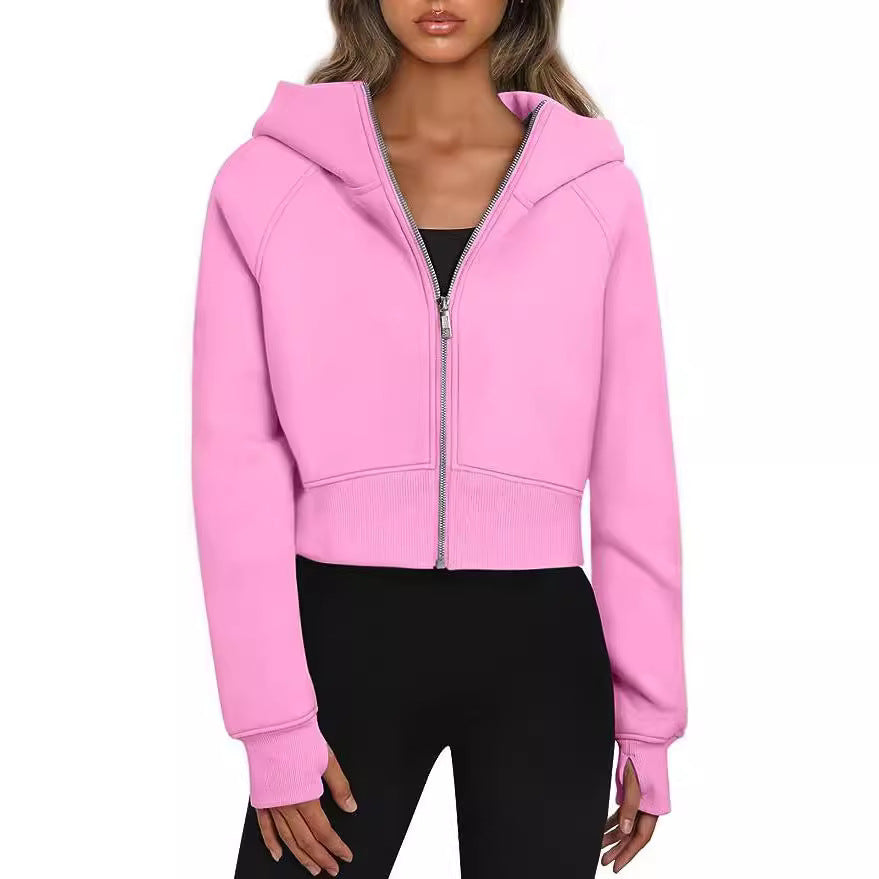 Damen Kurz geschnittener Performance-Kapuzenpullover mit durchgehendem Reißverschluss und Daumenlochbündchen Shop Nory