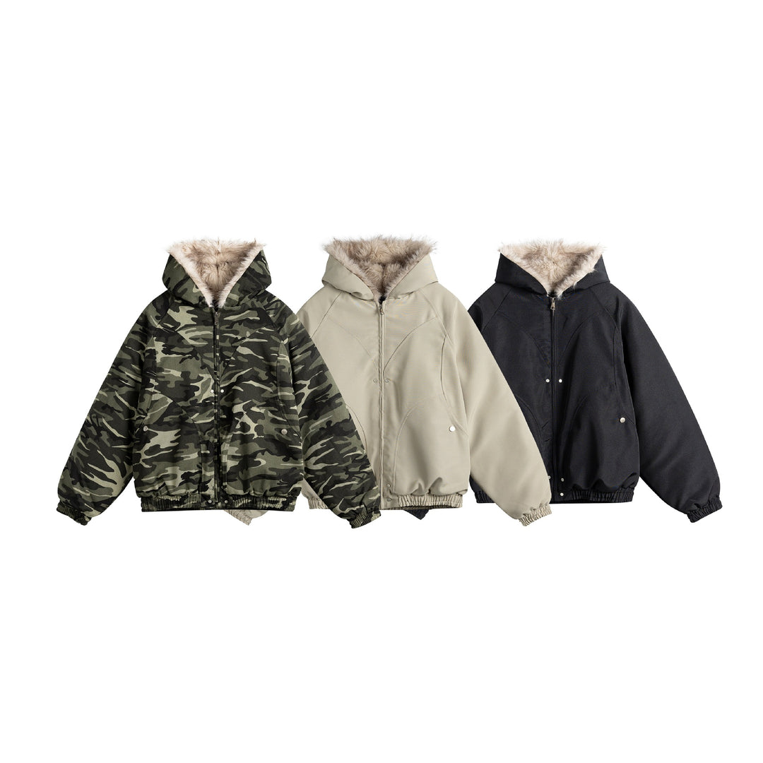 Damen Kurz geschnittene Camouflage-Übergangsjacke mit Kunstfellkapuze und elastischem Saum Shop Nory