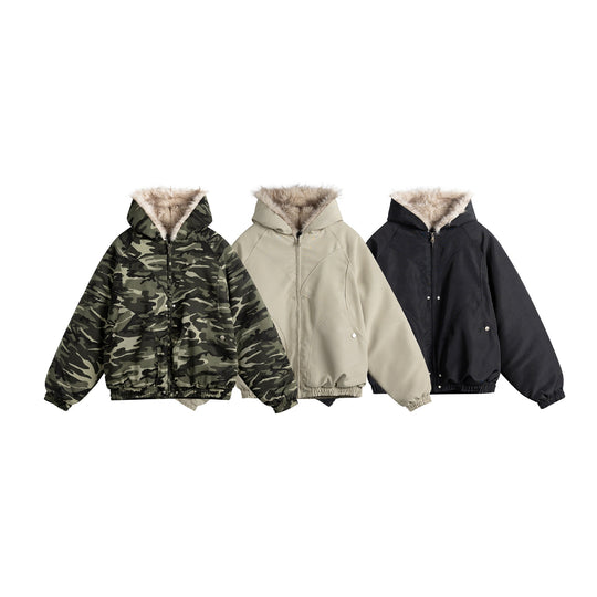 Damen Kurz geschnittene Camouflage-Übergangsjacke mit Kunstfellkapuze und elastischem Saum Shop Nory