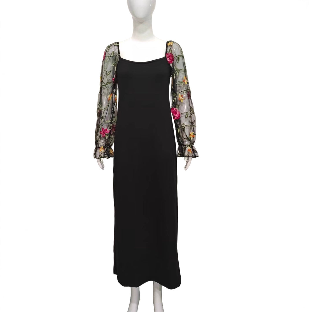 Damen Maxikleid mit schmaler Silhouette und bestickten Tüll-Puffärmeln Shop Nory