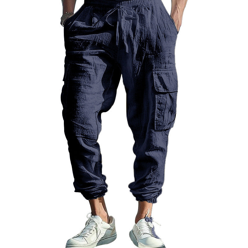 Herren nan lässige Cargohose im Joggerstil mit Crinkle-Leinenoptik Kordelbund und Mehrfachtaschen Shop Nory