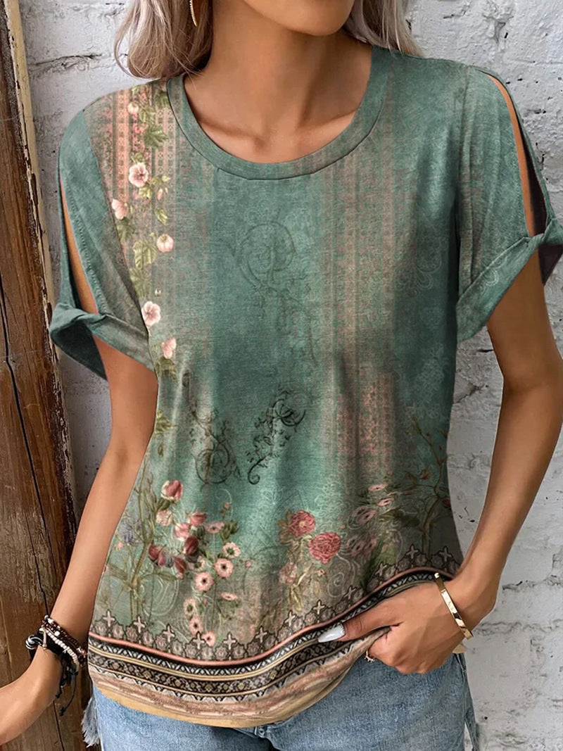 Damen T-Shirt mit floralem Muster und cut-out Ärmeln