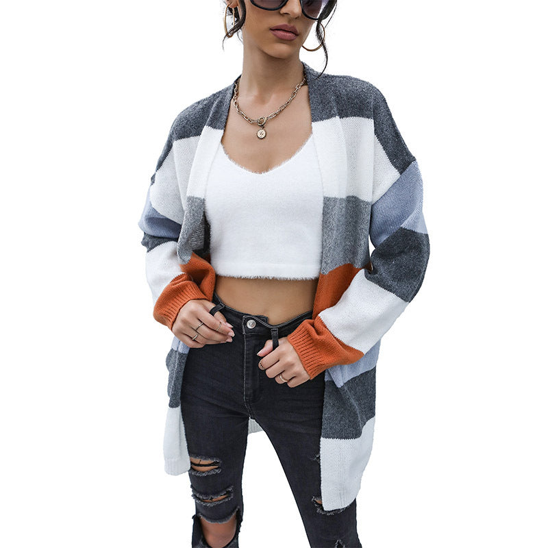 Damen Oversize Strickcardigan mit Blockstreifen und offener Front Shop Nory