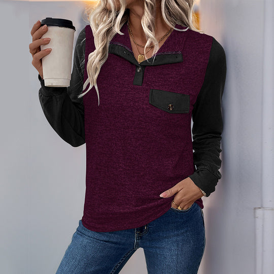 Damen Two‑Tone Langarmshirt mit Kontrastärmeln, Henley‑Knopfleiste und Brusttasche Shop Nory