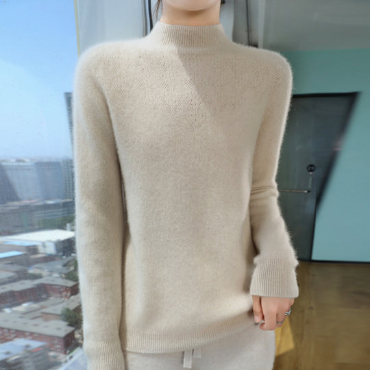 Damen Schlanker minimalistischer Stehkragen-Feinstrickpullover mit geripptem Hals Shop Nory