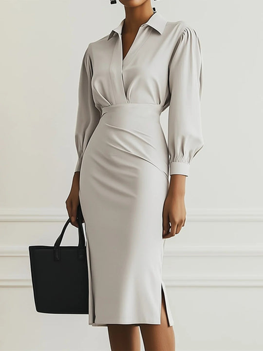 Damen Hemdblusen-Etuikleid mit V‑Wickel, Puffärmeln und taillierter Midilänge Shop Nory