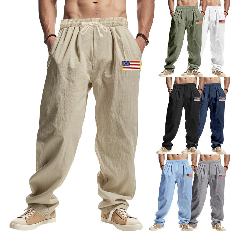 Herren Locker sitzende Freizeit-Hose im Leinen-Look mit elastischem Bund, Kordelzug & Flaggenpatch Shop Nory