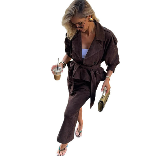 Damen Velours‑Suede Trenchcoat mit Taillengürtel und Peplum‑Silhouette Shop Nory