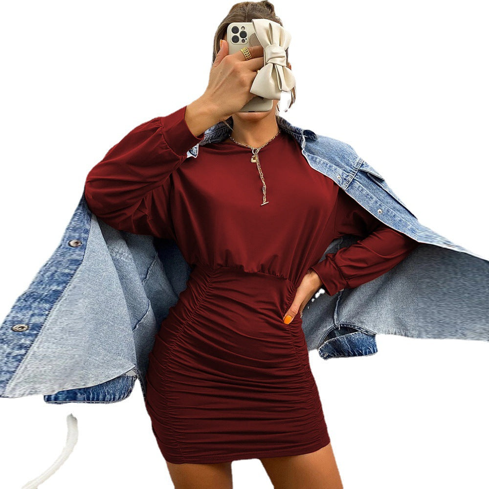 Damen gesmoktes Mini-Kleid mit überschnittener Langarm-Sweatoberteil und taillierter Raffung Shop Nory