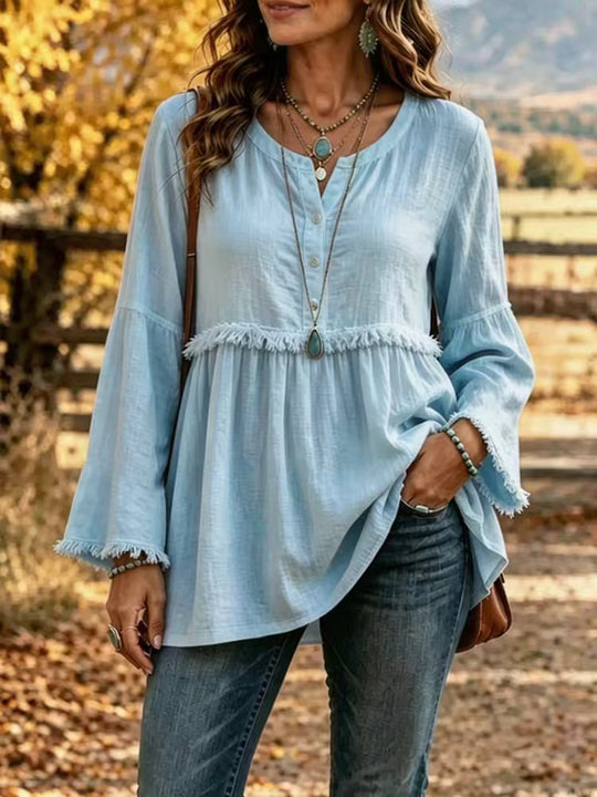 Damen Fransen-Tunika-Bluse mit V-Ausschnitt und Glockenärmeln Shop Nory