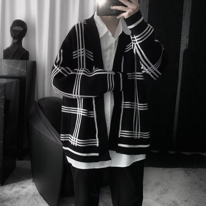 Herren Oversized Strickcardigan mit Karomuster und offener Front Shop Nory
