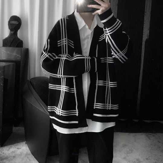 Herren Oversized Strickcardigan mit Karomuster und offener Front Shop Nory