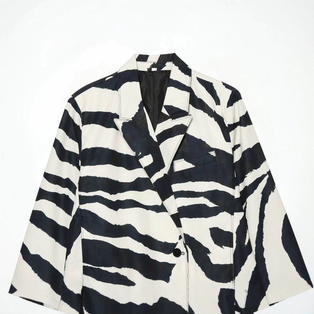 Damen Oversize-Blazer mit Zebra-Print, Ein-Knopf-Verschluss und aufgesetzten Pattentaschen Shop Nory