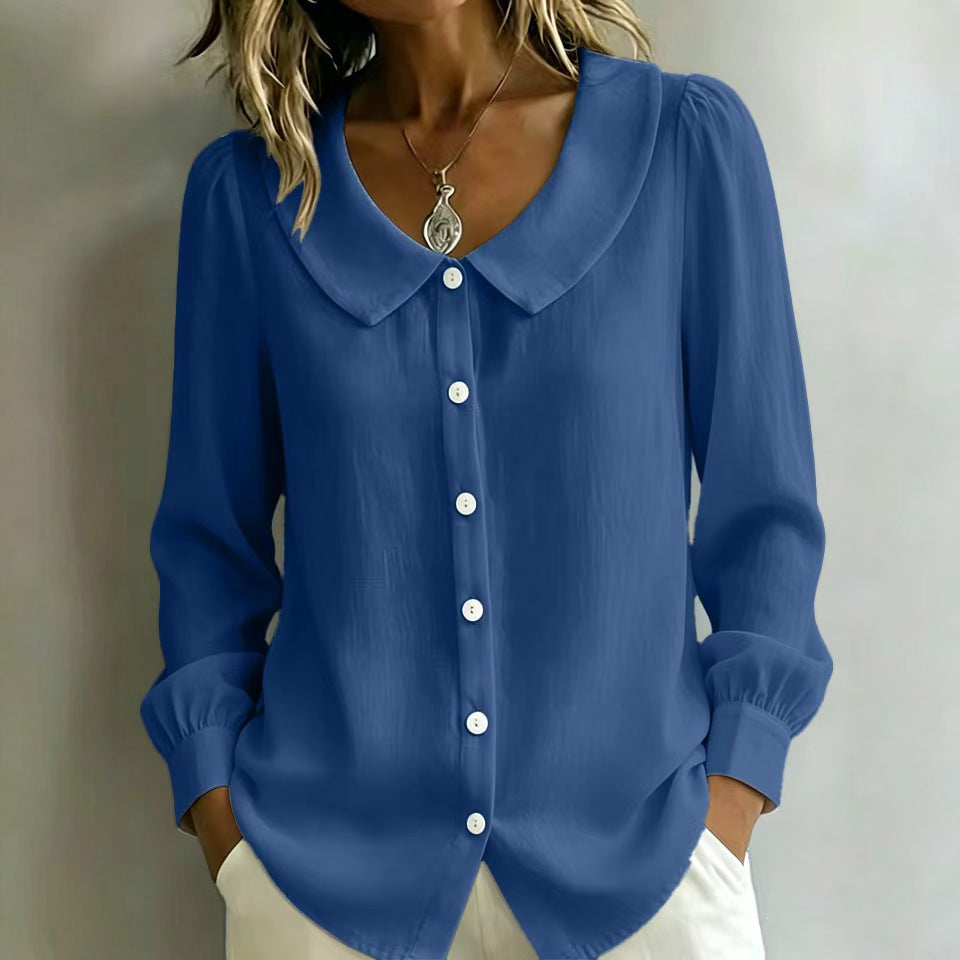 Damen Locker geschnittene Bluse mit Rundkragen, Puffärmeln und Perlmuttknopfleiste Shop Nory