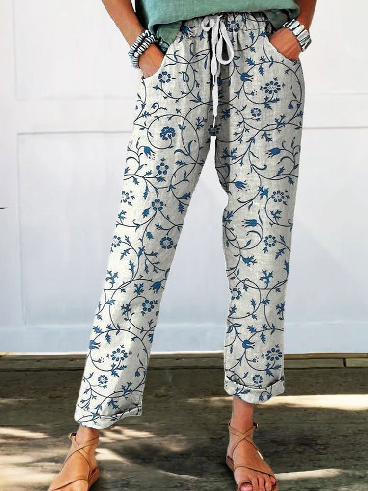Damen Leinenoptik-Hose mit floralem Print, weitem Bein und Tunnelzug Shop Nory