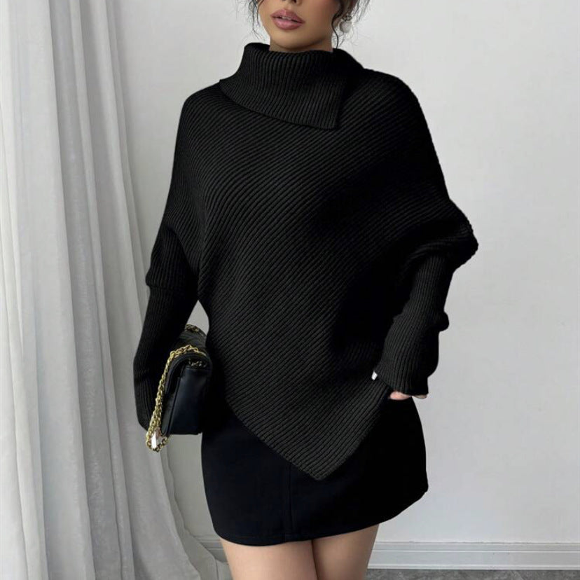 Damen Asymmetrischer Rippenstrick-Poncho mit hohem Rollkragen und verlängerten Ärmeln Shop Nory
