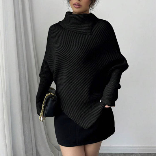 Damen Asymmetrischer Rippenstrick-Poncho mit hohem Rollkragen und verlängerten Ärmeln Shop Nory