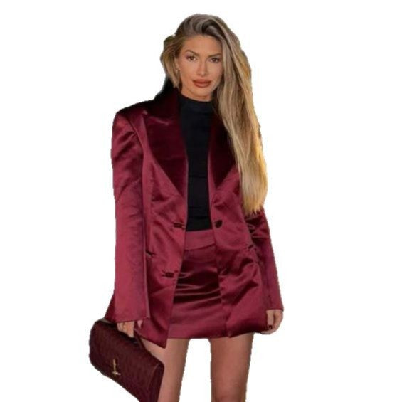 Damen eleganter Satin Blazer mit passendem Minirock Shopnory