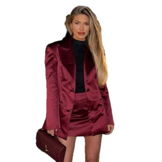 Damen eleganter Satin Blazer mit passendem Minirock Shopnory