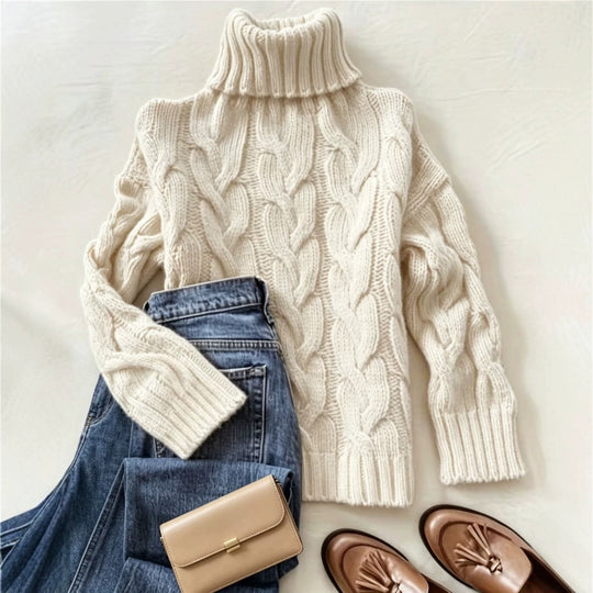 Damen Grobstrick-Rollkragenpullover mit markanten Zopfmustern und gerippten Bündchen Shop Nory