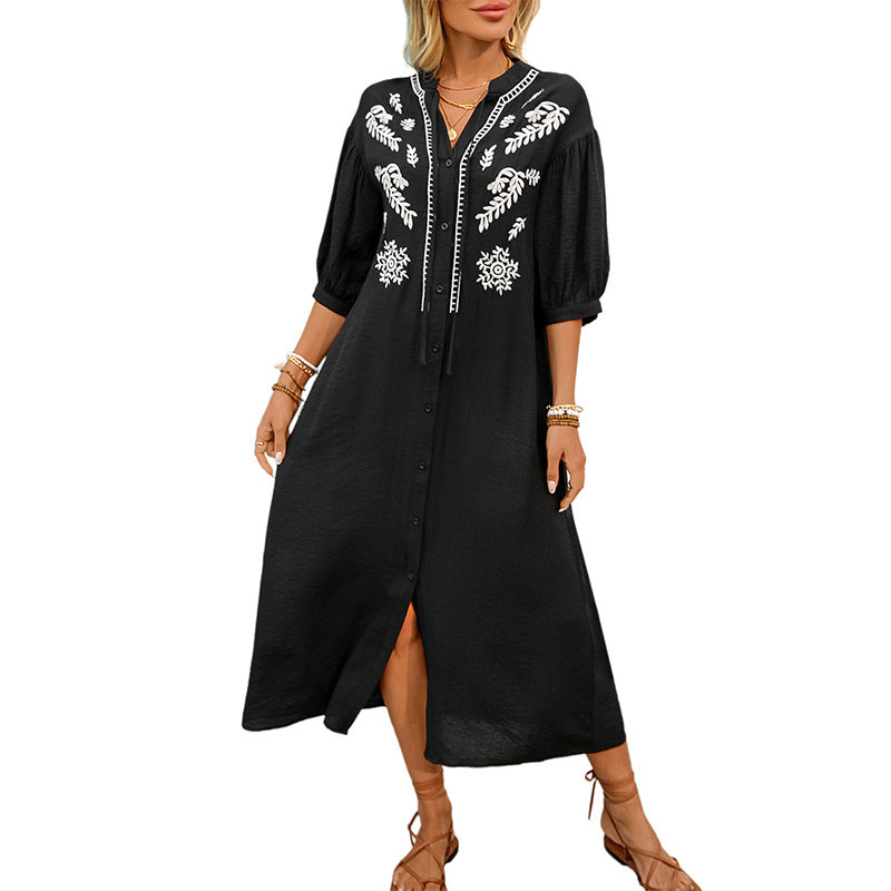 Damen Besticktes Hemdblusenkleid A‑Linie mit Knopfleiste und 3/4‑Ballonärmeln Shop Nory