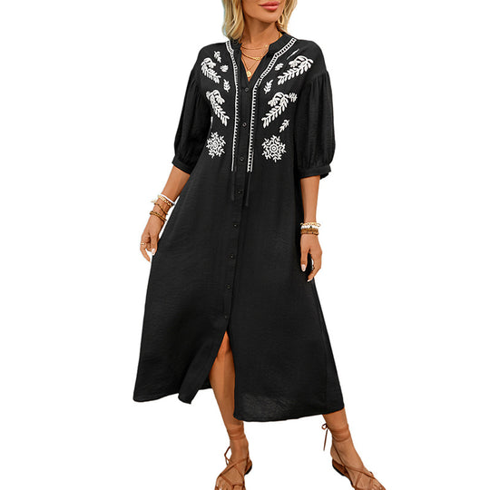 Damen Besticktes Hemdblusenkleid A‑Linie mit Knopfleiste und 3/4‑Ballonärmeln Shop Nory