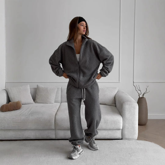 Damen oversized Teddy-Fleece Hausanzug mit Reißverschlussjacke und Jogginghose Shop Nory
