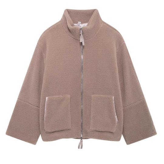 Damen Boxy-Teddyfleece-Jacke mit Stehkragen, Zwei-Wege-Reißverschluss und aufgesetzten Taschen Shop Nory