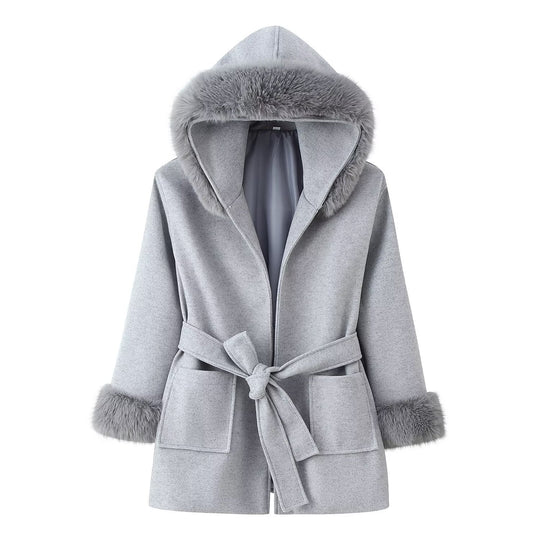 Damen Kapuzen-Wollmix-Mantel mit Bindegürtel und Faux-Fur-Besatz Shop Nory