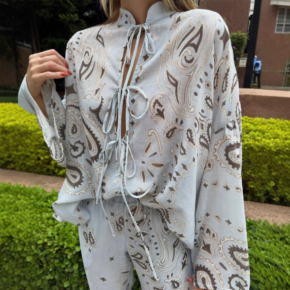 Damen weite Palazzo-Hose mit Paisley‑Print, elastischem Bund & Eingrifftaschen Shop Nory