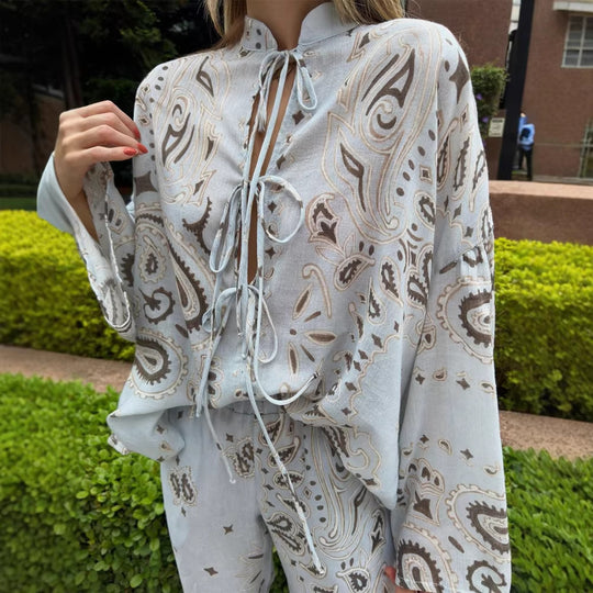 Damen weite Palazzo-Hose mit Paisley‑Print, elastischem Bund & Eingrifftaschen Shop Nory