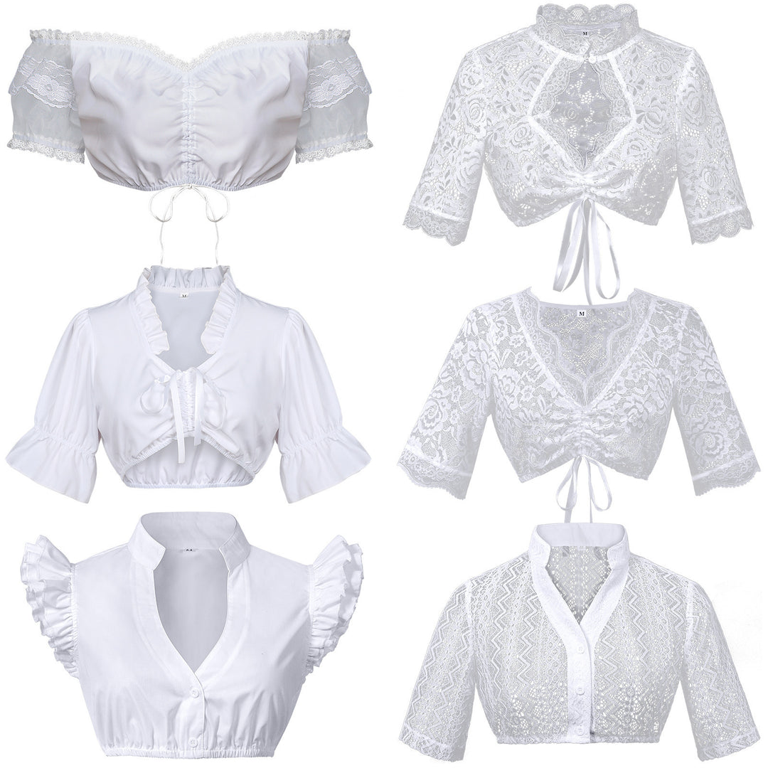 Damen nan Spitzenbolero Bluse mit Stehkragen, 3/4 Ärmeln und Bindeband Shop Nory