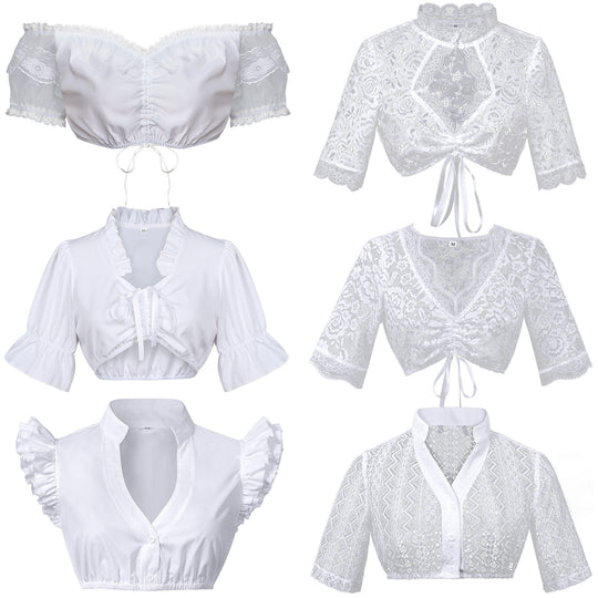 Damen nan Spitzenbolero Bluse mit Stehkragen, 3/4 Ärmeln und Bindeband Shop Nory