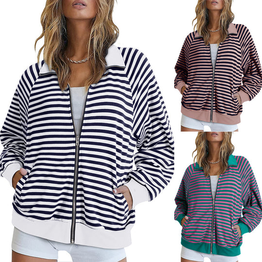 Damen Gestreifte Zip‑Jacke mit Reißverschluss, Raglanärmeln und Rippbündchen Shop Nory