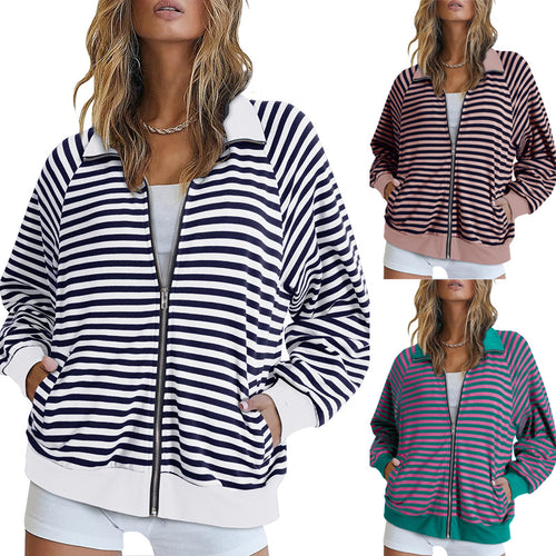 Damen Gestreifte Zip‑Jacke mit Reißverschluss, Raglanärmeln und Rippbündchen Shop Nory